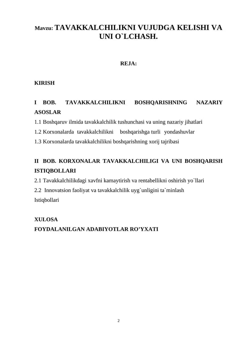 TAVAKKALCHILIKNI VUJUDGA KELISHI VA UNI O`LCHASH