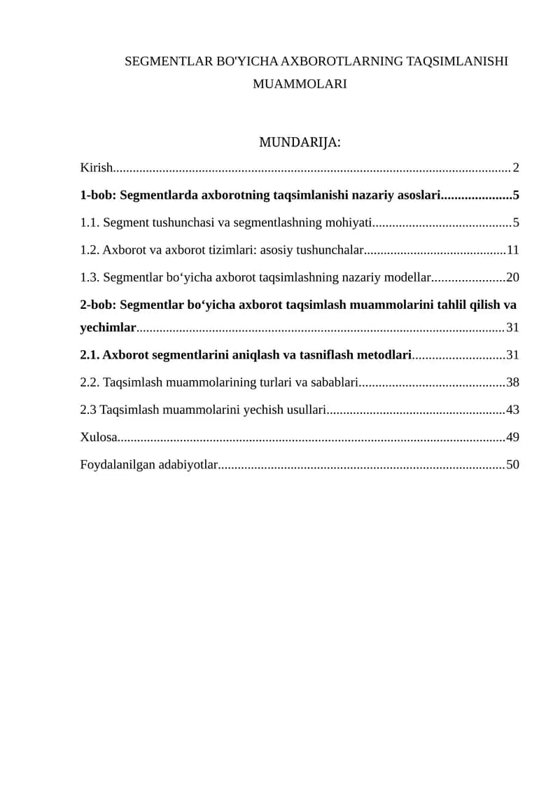 SEGMENTLAR BO'YICHA AXBOROTLARNING TAQSIMLANISHI MUAMMOLARI