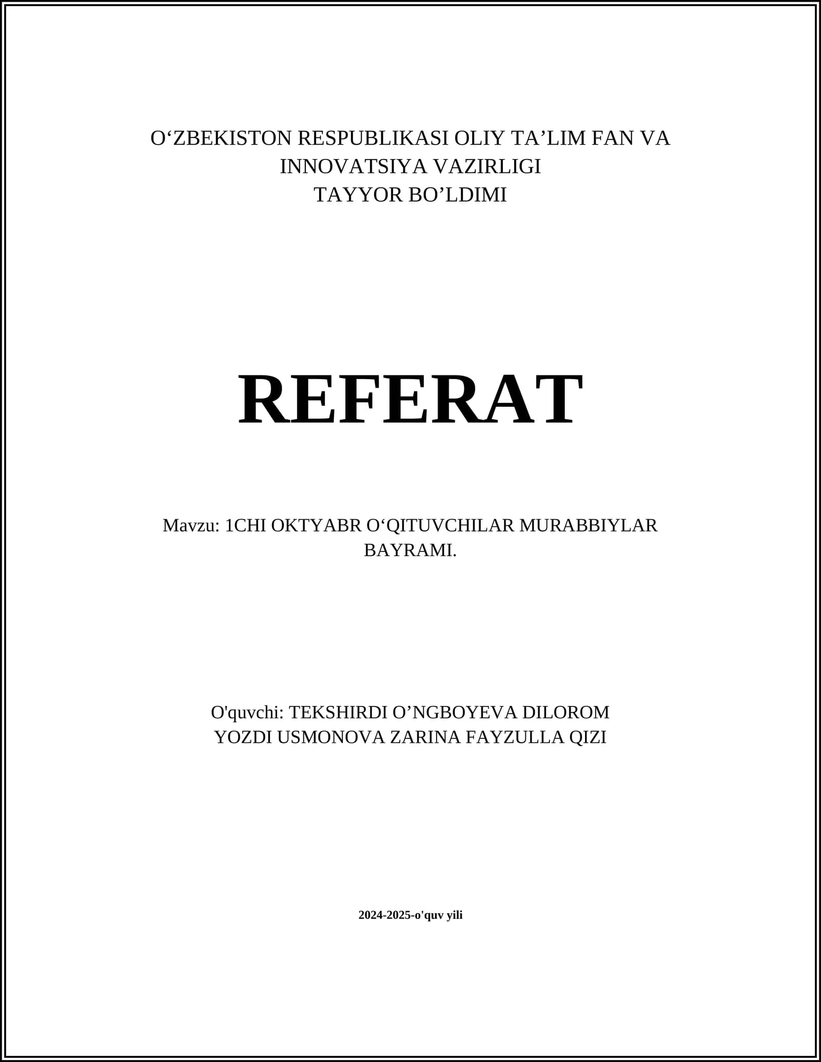 O'QITUVCHILAR MURABBIYLAR BAYRAMI