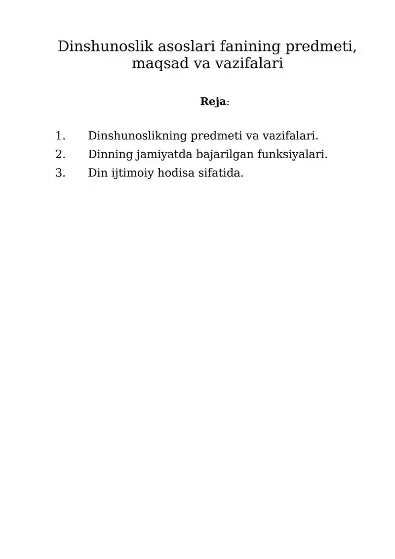 Dinshunoslik asoslari fanining predmeti, maqsad va vazifalari