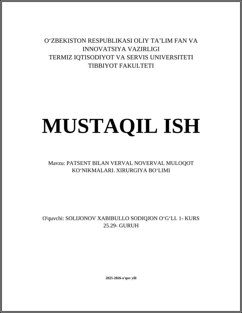PATSENT BILAN VERVAL NOVERVAL MULOQOT KOʻNIKMALARI