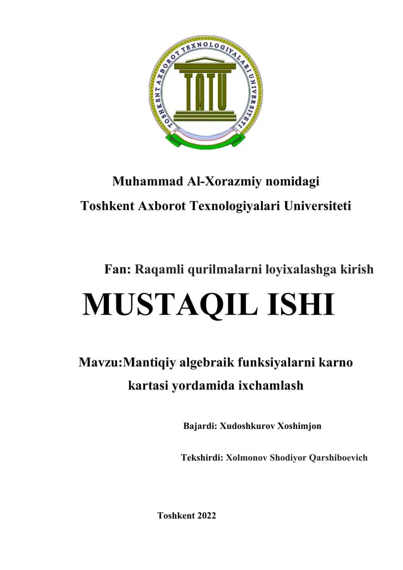 Mantiqiy algebraik funksiyalarni karno kartasi yordamida ixchamlash