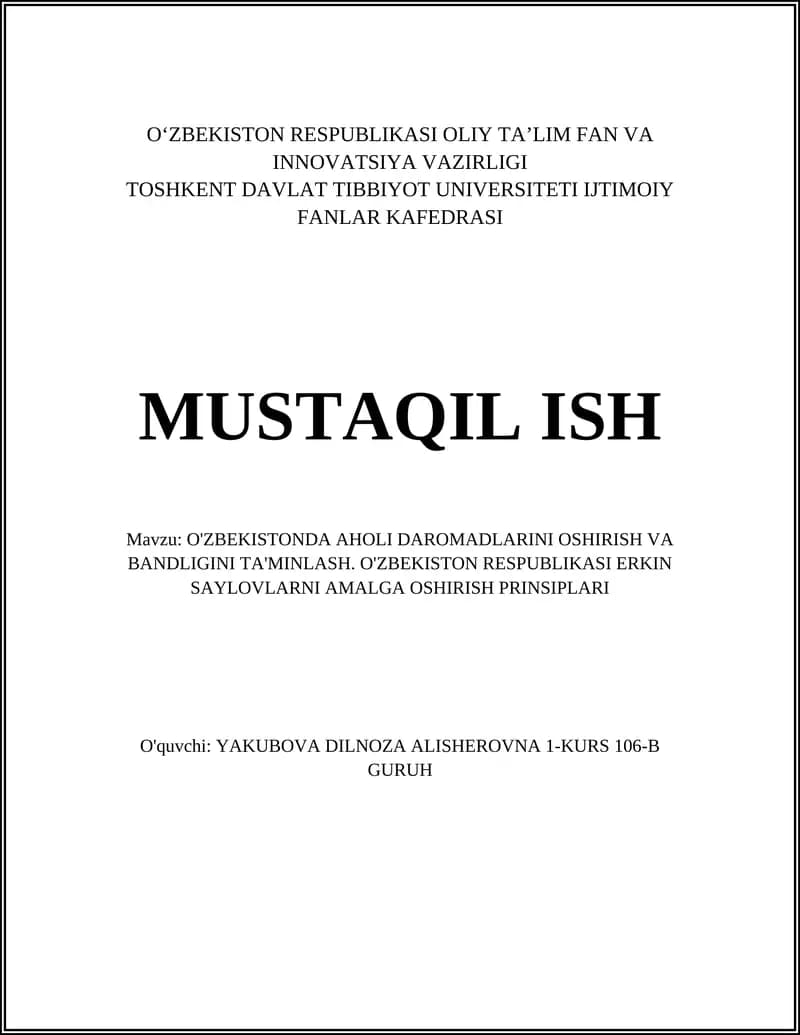 O'ZBEKISTONDA AHOLI DAROMADLARINI OSHIRISH VA BANDLIGINI TA'MINLASH
