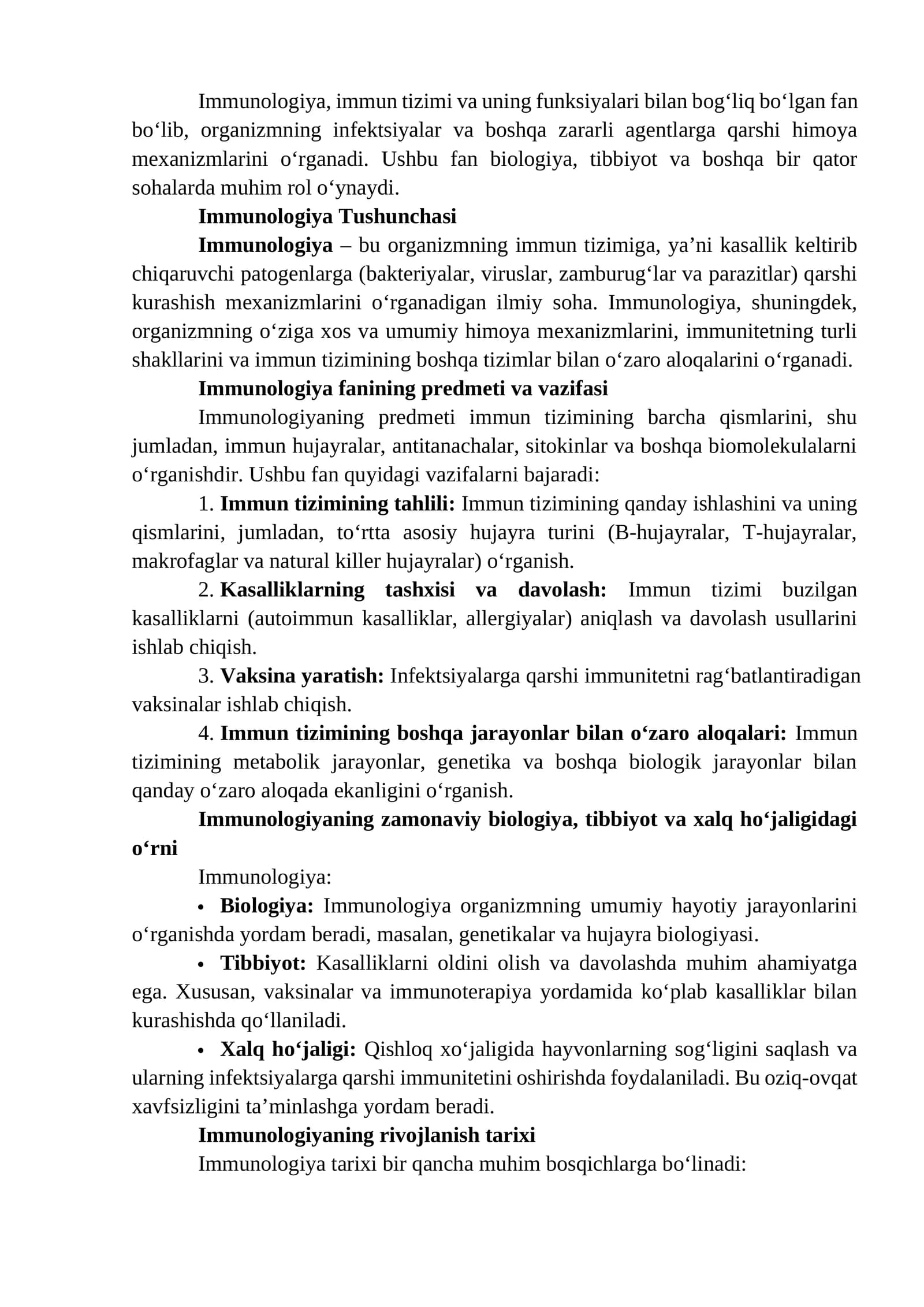 Immunologiya fanining predmeti va vazifasi
