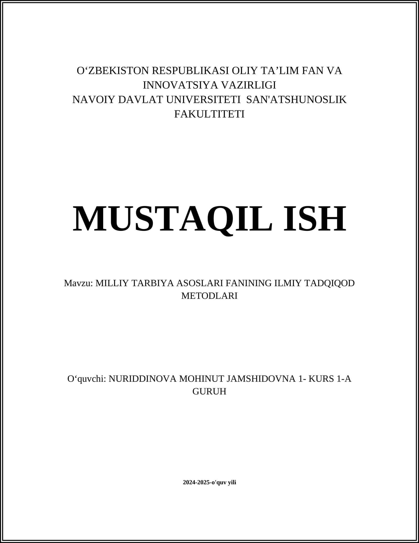 MILLIY TARBIYA ASOSLARI FANINING ILMIY TADQIQOD METODLARI