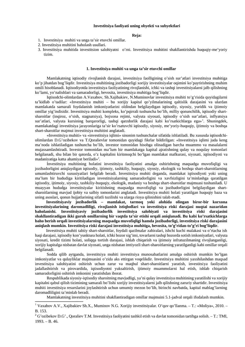 Investitsiya faoliyati uning obyekti va subyektlari