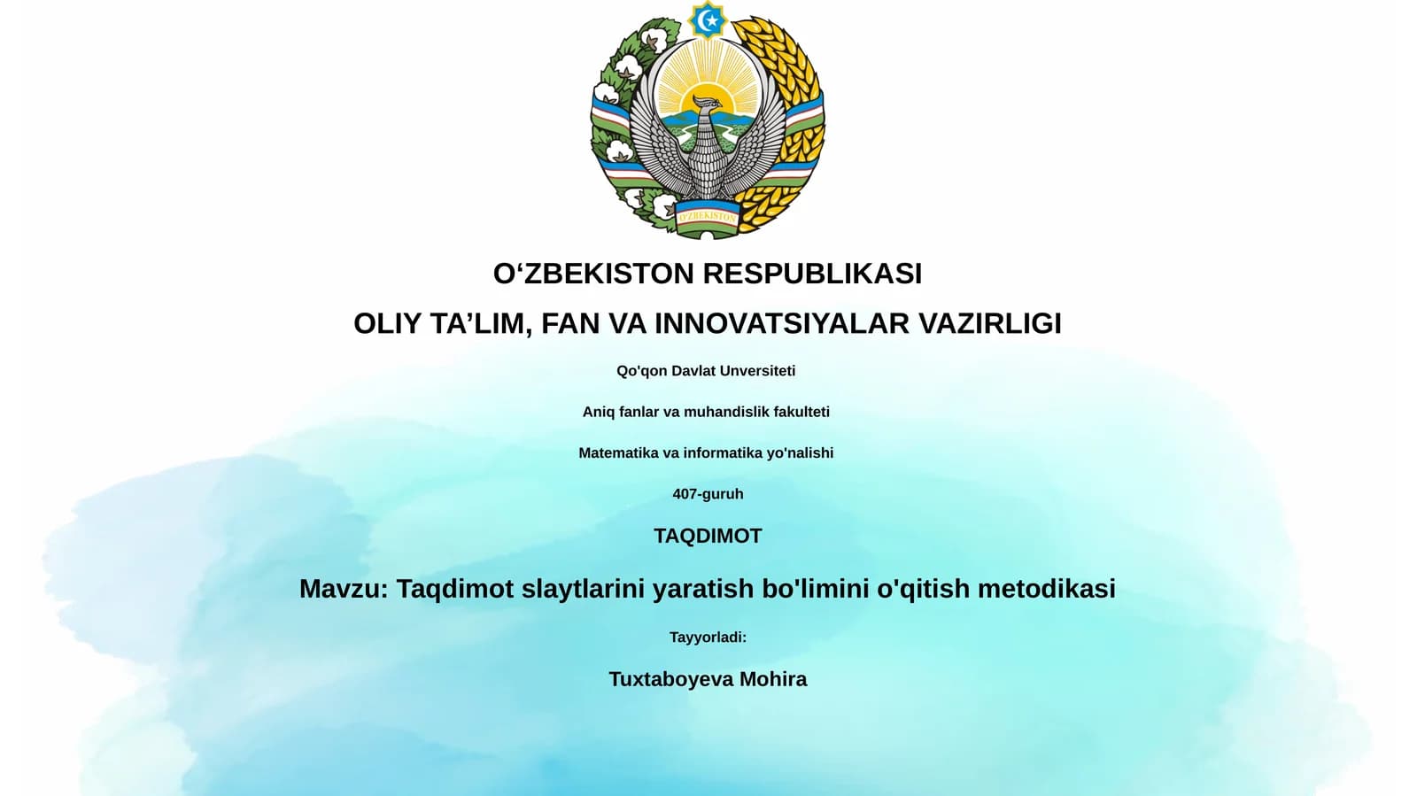 Taqdimot slaytlarini yaratish bo'limini o'qitish metodikasi