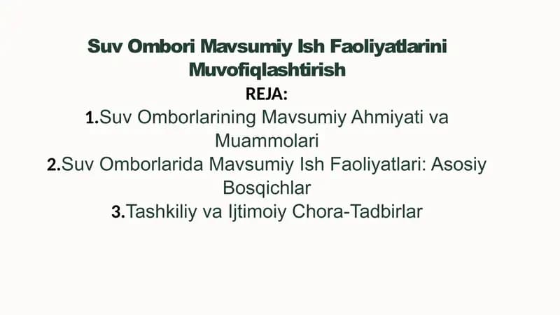 Suv Ombori Mavsumiy Ish Faoliyatlarini Muvofiqlashtirish