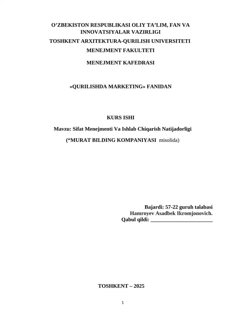Kurs Ishi: Qurilishda Xaridorlarning Motivatsion Tahlil qilinishi