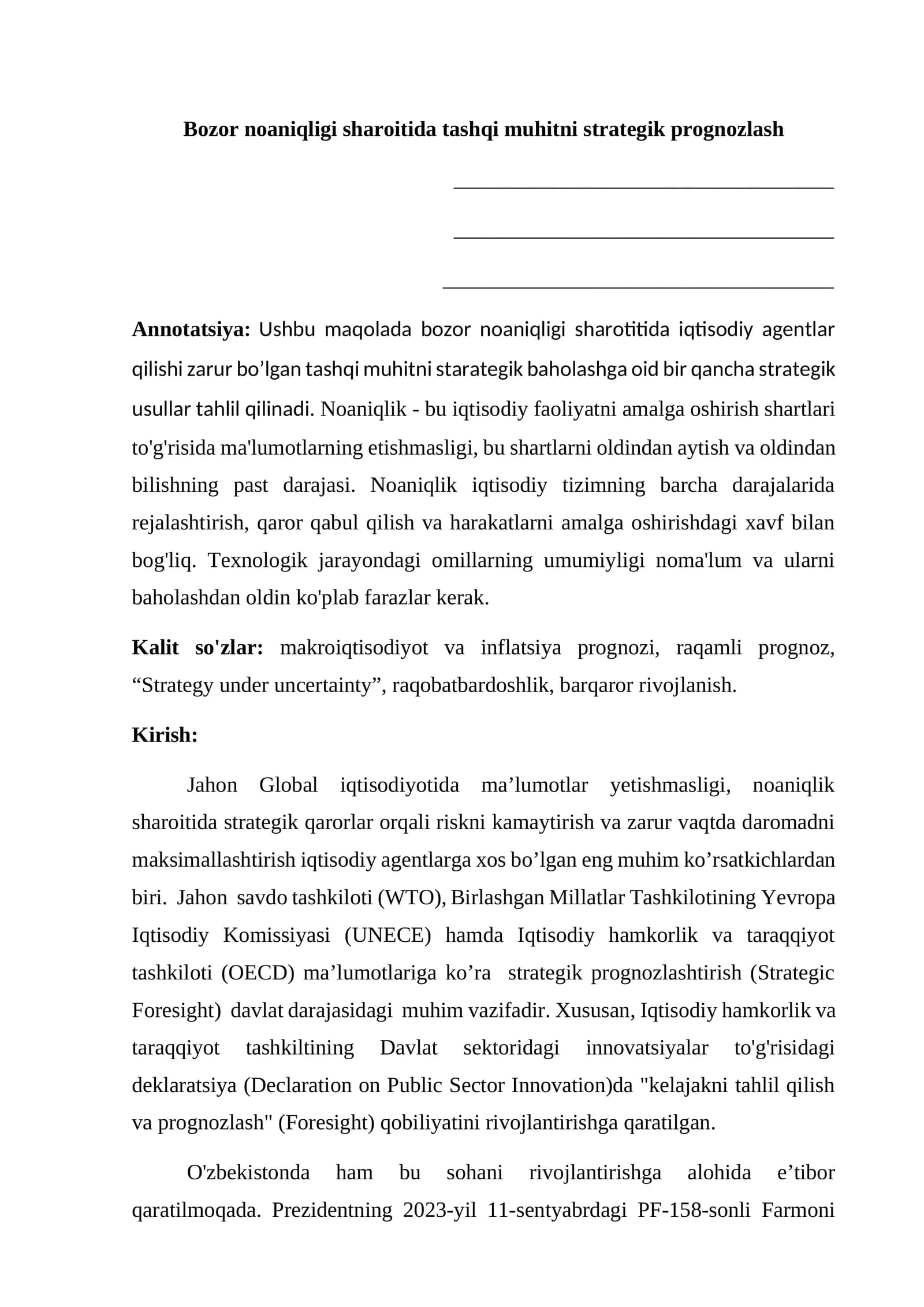 Bozor noaniqligi sharoitida tashqi muhitni strategik prognozlash