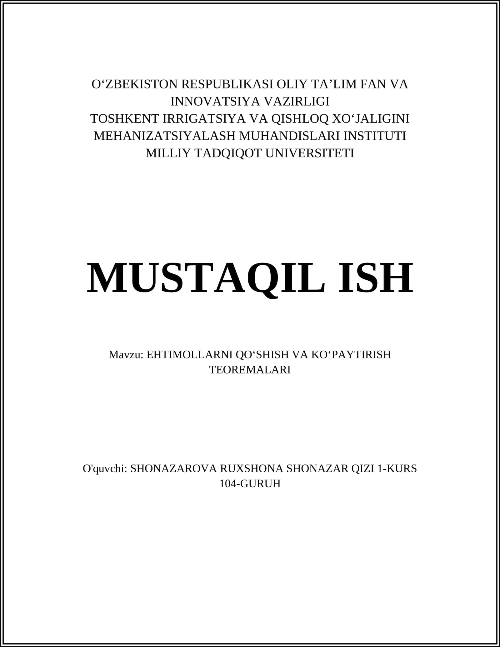 EHTIMOLLARNI QOʻSHISH VA KOʻPAYTIRISH TEOREMALARI