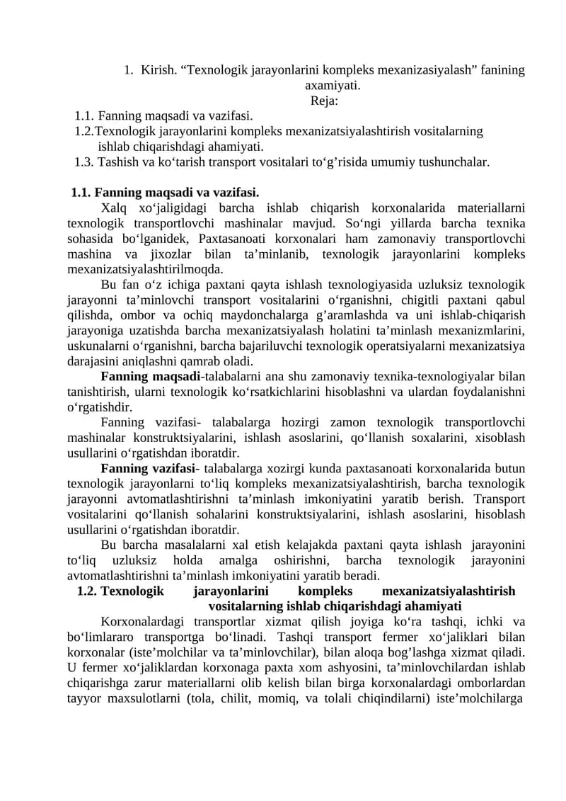 Texnologik jarayonlarini kompleks mexanizasiyalash