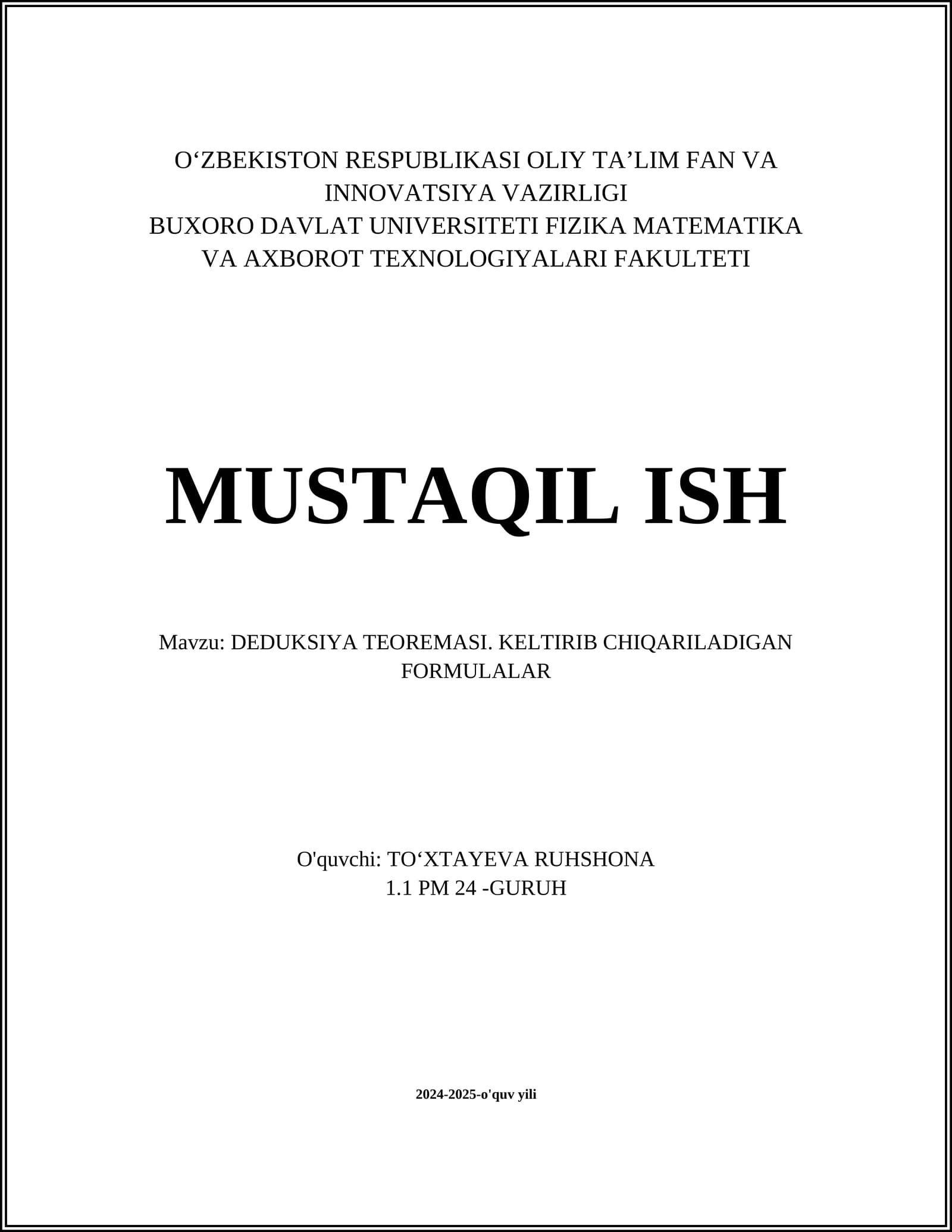 DEDUKSIYA TEOREMASI. KELTIRIB CHIQARILADIGAN FORMULALAR