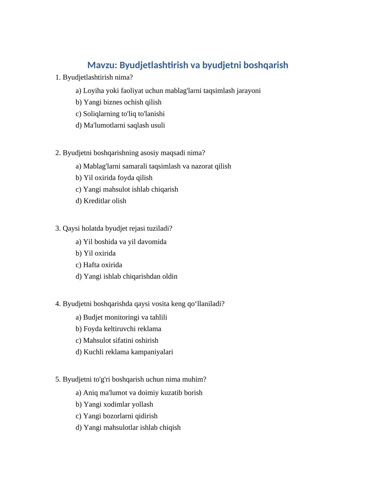 Byudjetlashtirish va byudjetni boshqarish