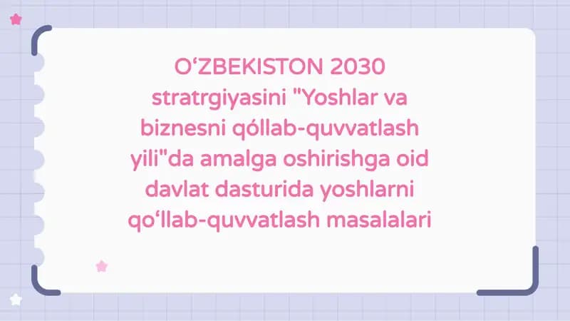 Yoshlar va biznesni qo'llab-quvvatlash masalalari