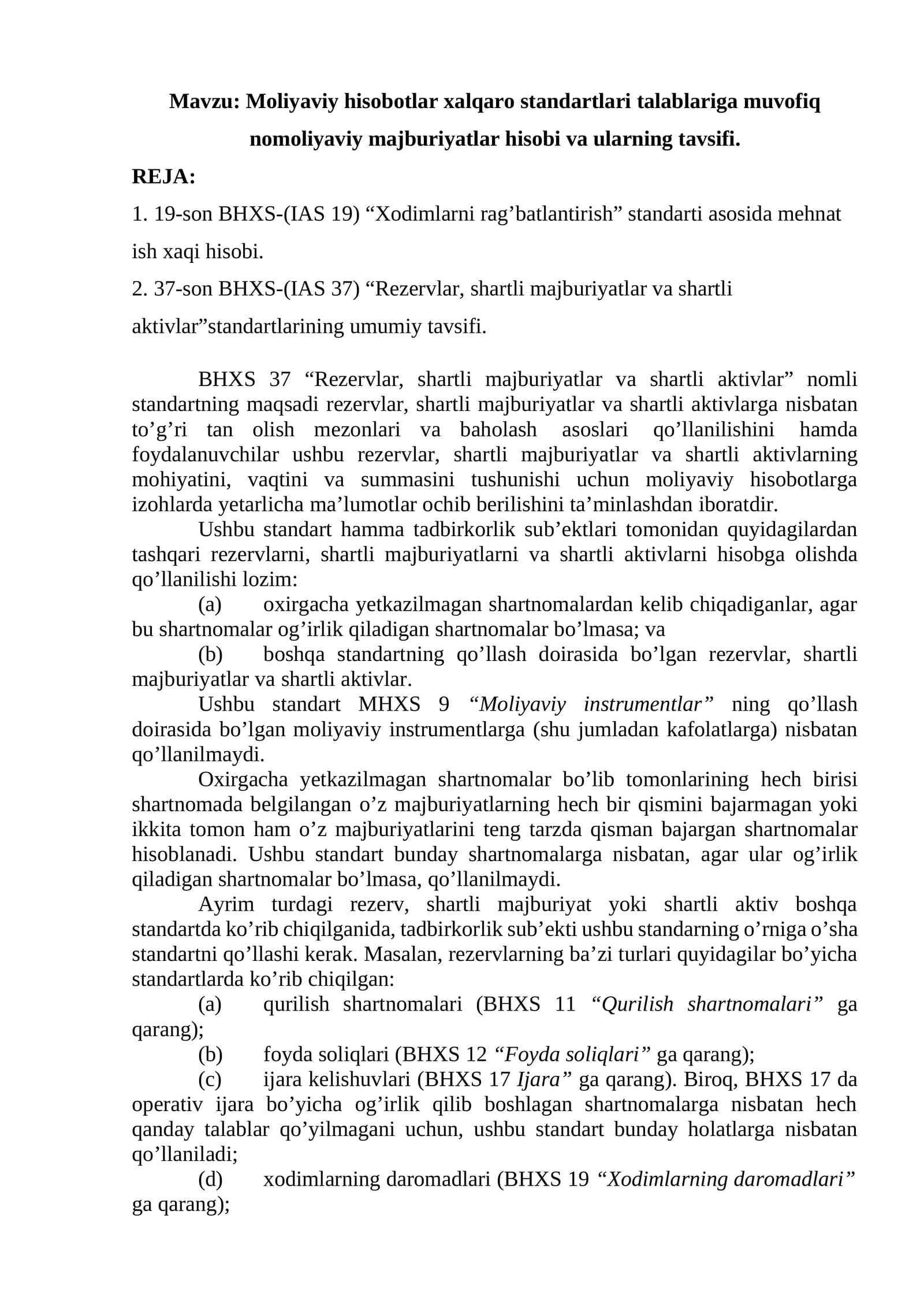 Moliyaviy hisobotlar xalqaro standartlari talablariga muvofiq nomoliyaviy majburiyatlar hisobi va ularning tavsifi