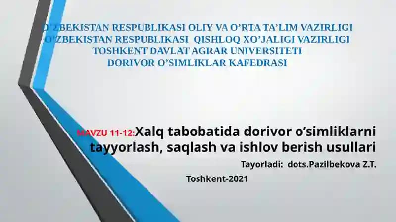 Xalq tabobatida dorivor o’simliklarni tayyorlash, saqlash va ishlov berish usullari