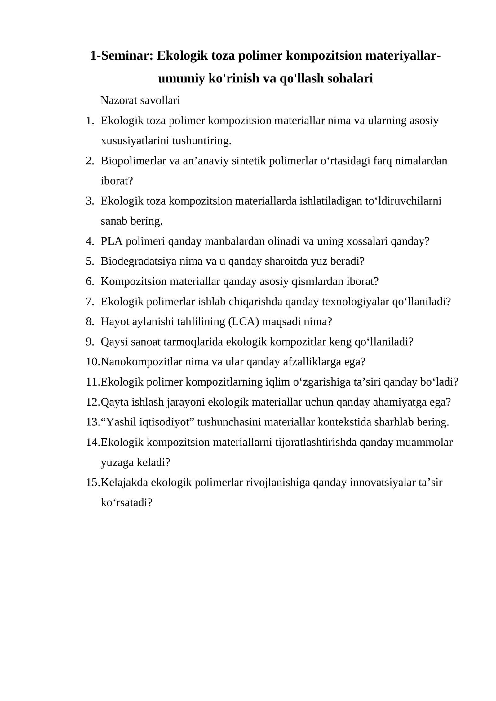 Seminar: Ekologik toza polimer kompozitsion materiyallar-umumiy ko'rinish va qo'llash sohalari
