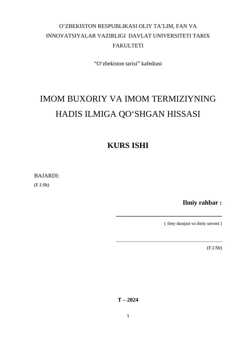IMOM BUXORIY VA IMOM TERMIZIYNING HADIS ILMIGA QOʻSHGAN HISSASI