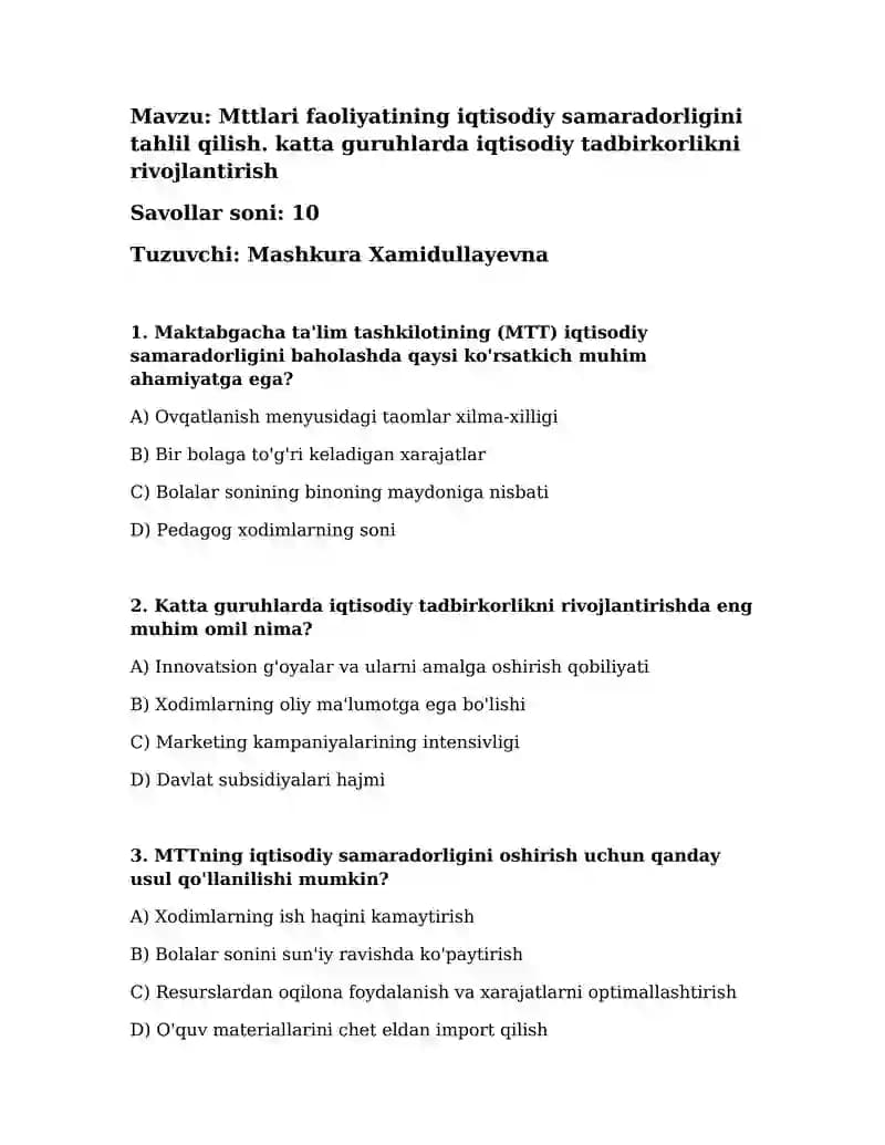 Maktabgacha ta'lim tashkilotining (MTT) iqtisodiy samaradorligini baholash