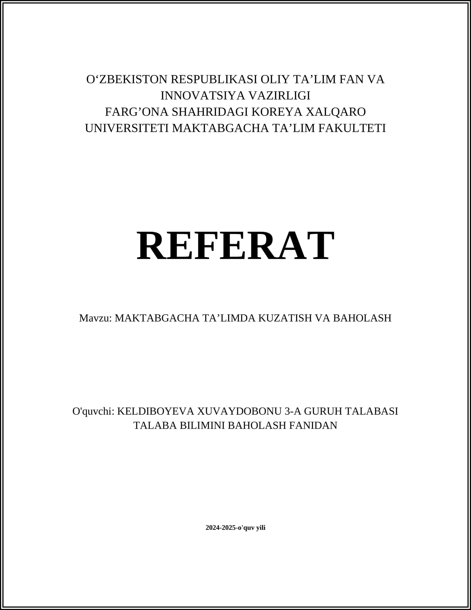 MAKTABGACHA TA'LIMDA KUZATISH VA BAHOLASH