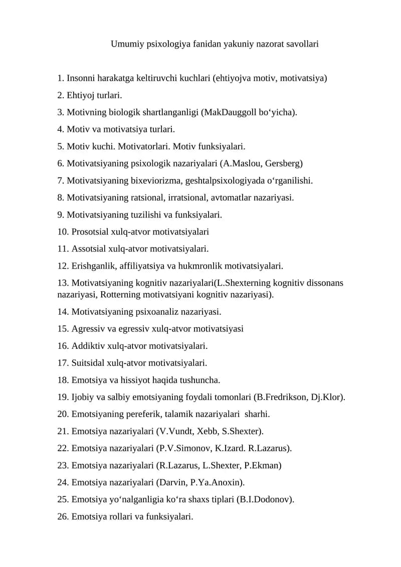 Umumiy psixologiya fanidan yakuniy nazorat savollari