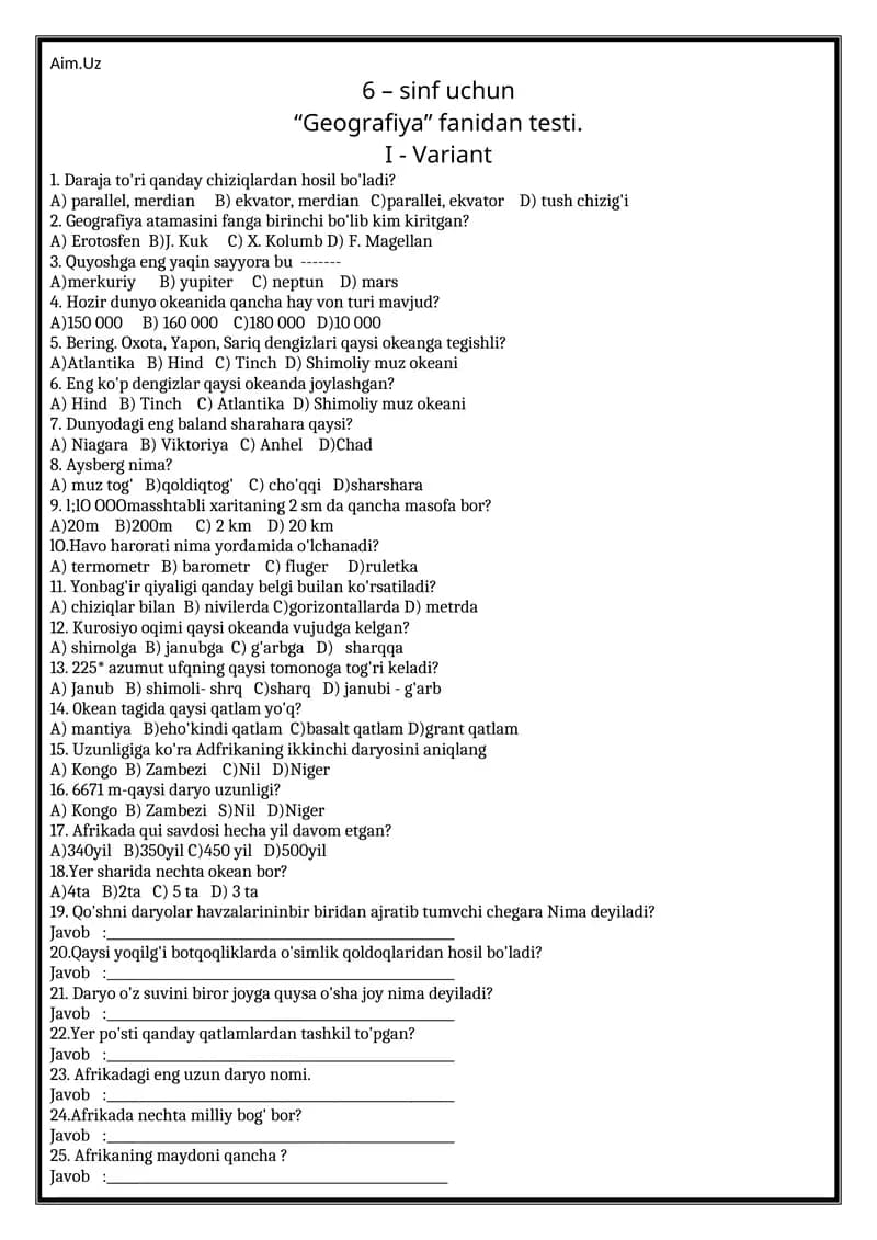 6 – sinf uchun “Geografiya” fanidan testi. I - Variant