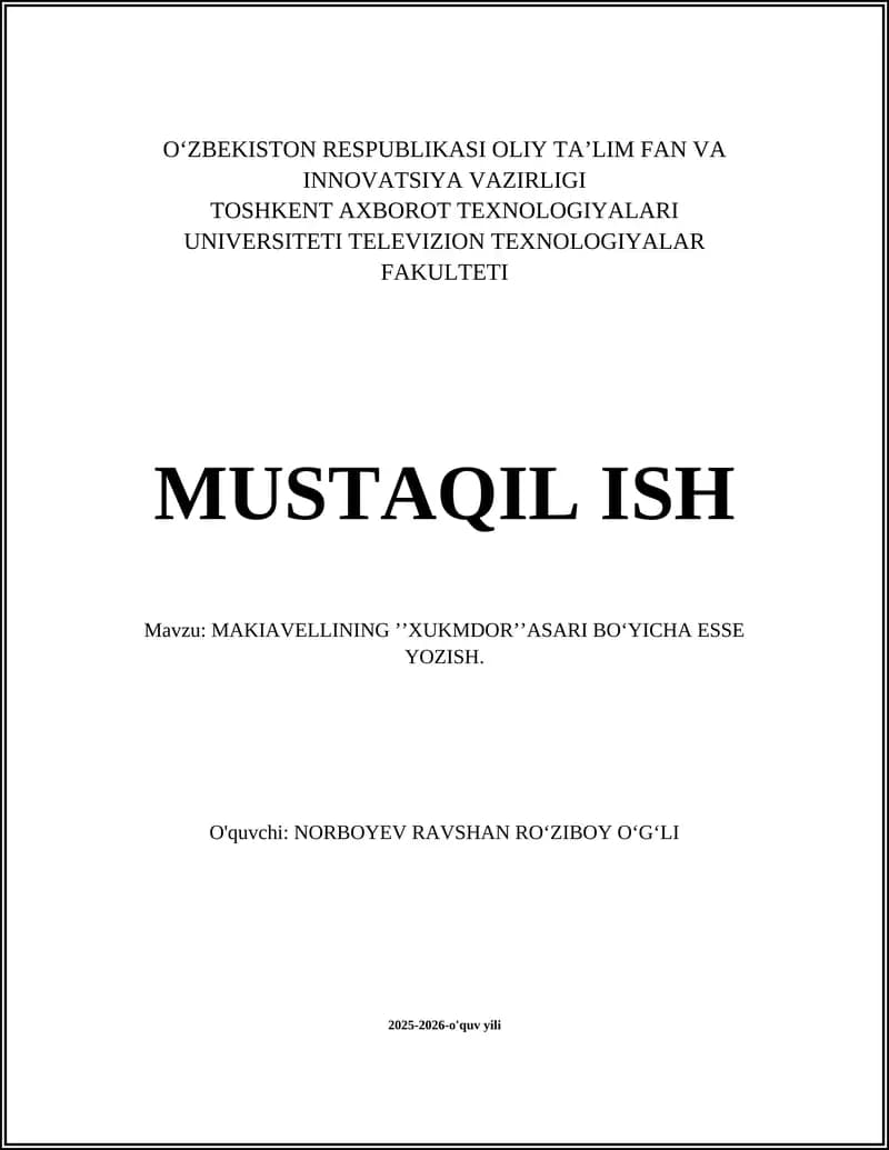 MAKIAVELLINING ʼʼXUKMDORʼʼASARI BOʻYICHA ESSE YOZISH