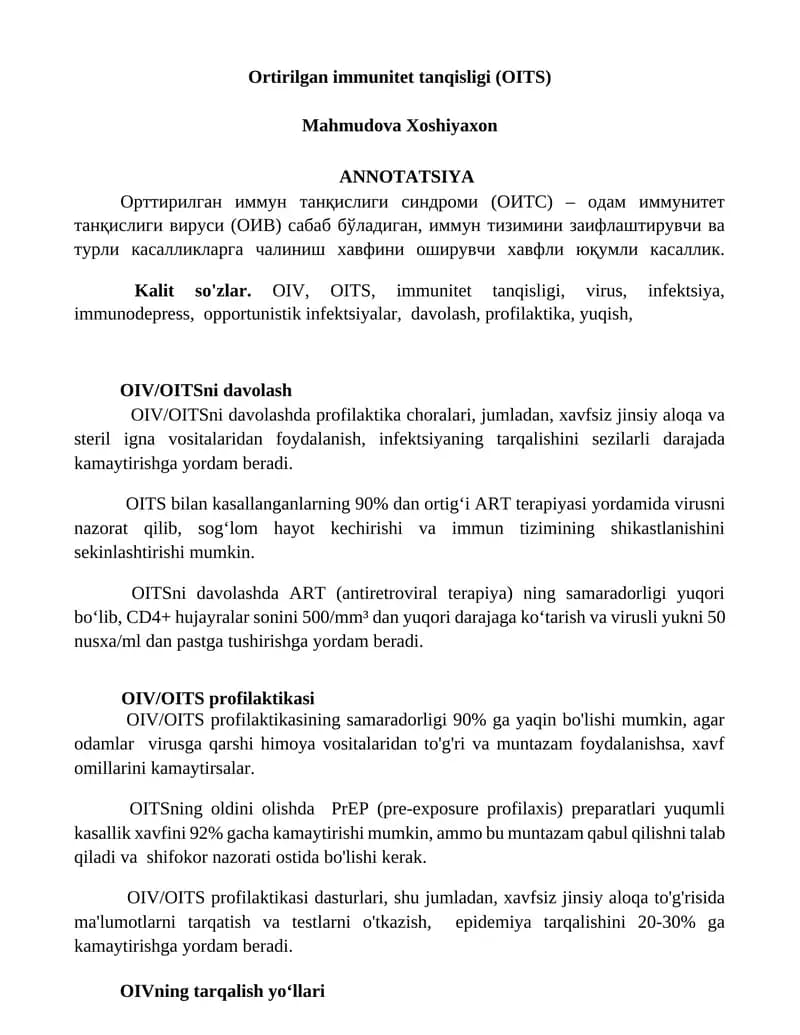 Ortirilgan immunitet tanqisligi (OITS)