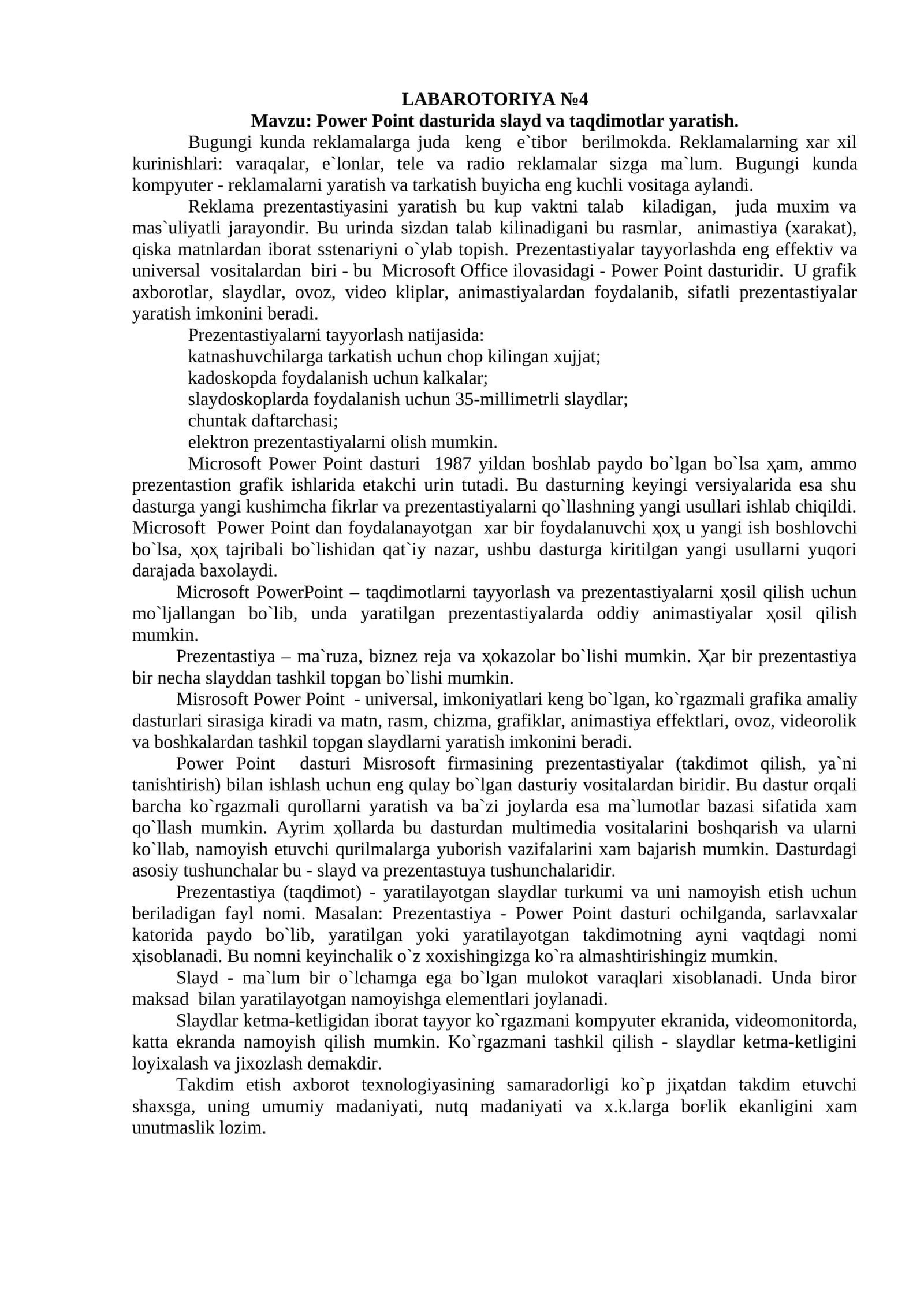 Power Point dasturida slayd va taqdimotlar yaratish