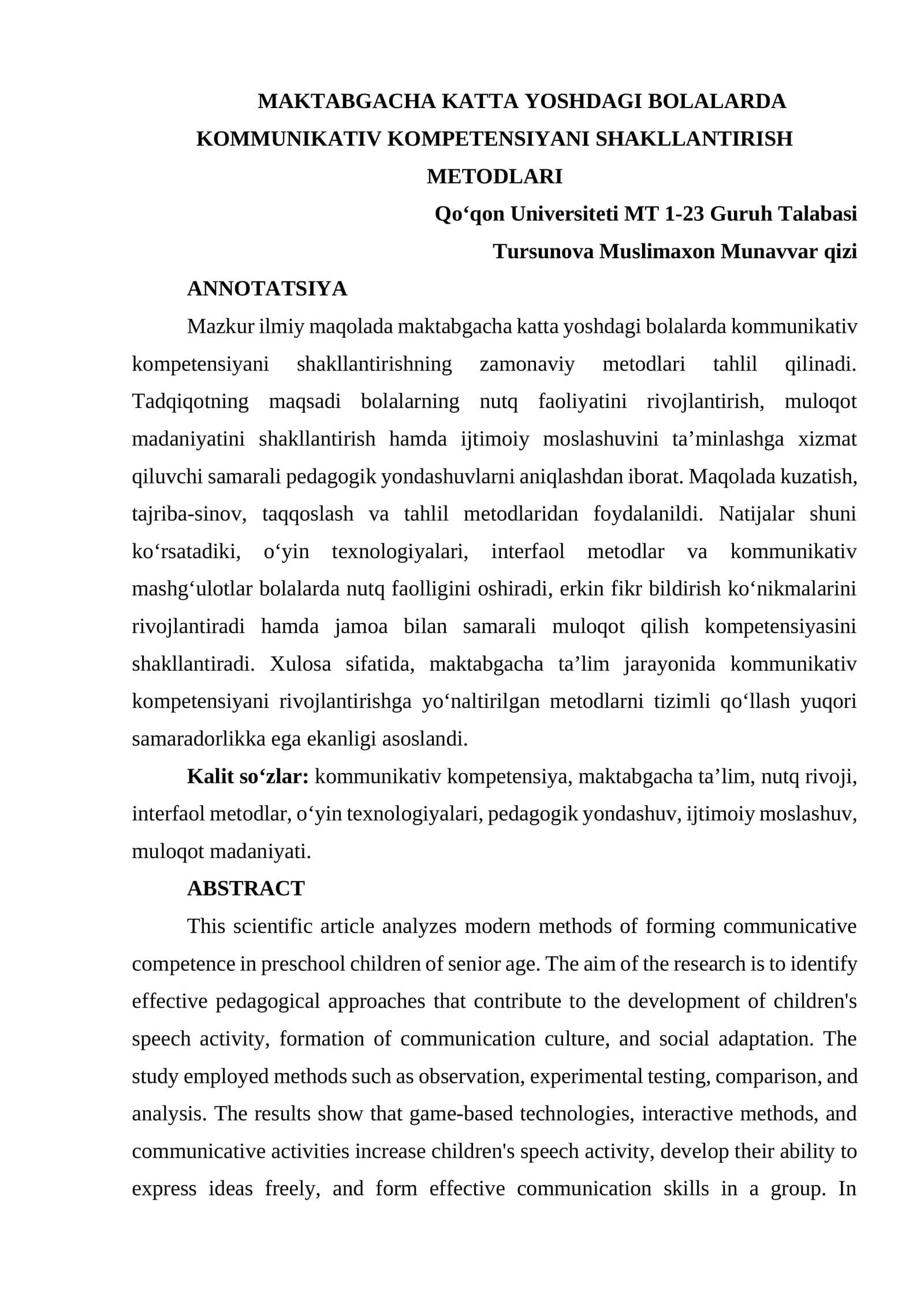 MAKTABGACHA KATTA YOSHDAGI BOLALARDA KOMMUNIKATIV KOMPETENSIYANI SHAKLLANTIRISH METODLARI