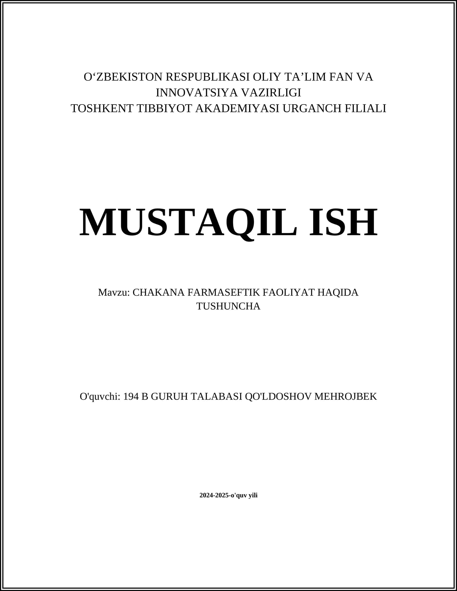 CHAKANA FARMASEFTIK FAOLIYAT HAQIDA TUSHUNCHA