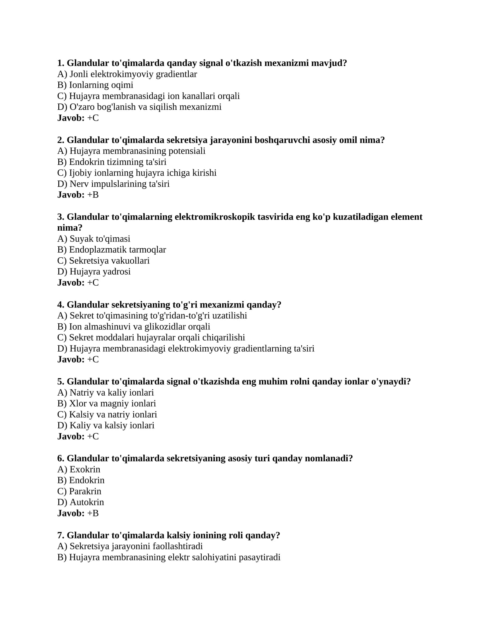 Glandular to'qimalar haqida test savollar