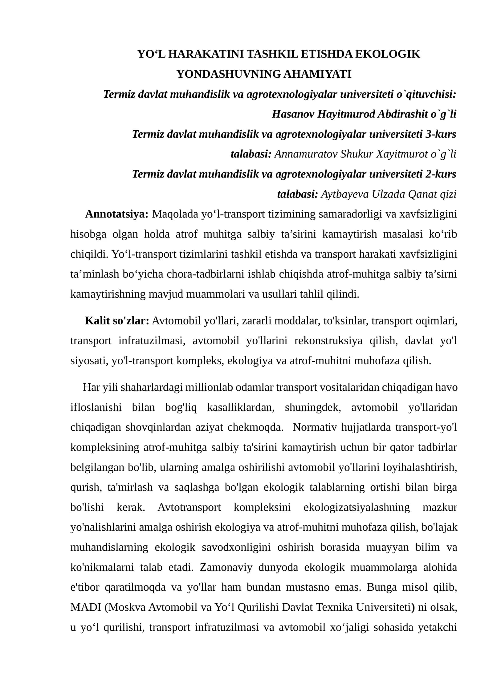 YO‘L HARAKATINI TASHKIL ETISHDA EKOLOGIK YONDASHUVNING AHAMIYATI