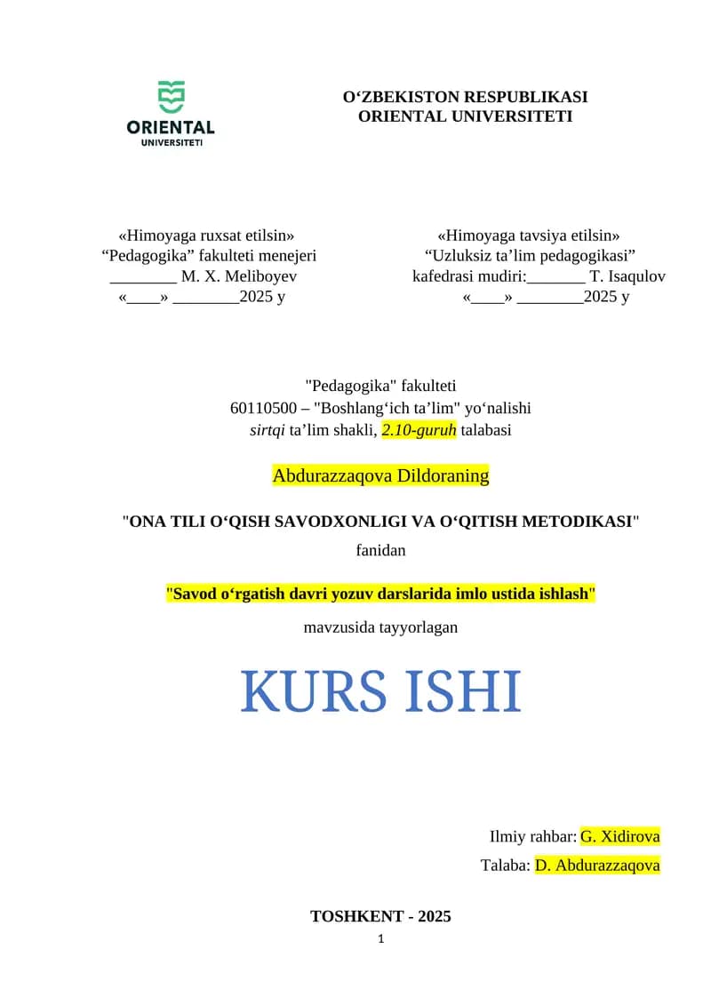 Savod o‘rgatish davri yozuv darslarida imlo ustida ishlash