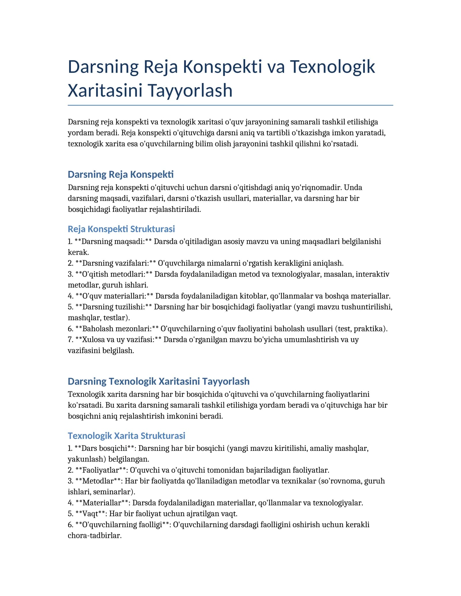 Darsning Reja Konspekti va Texnologik Xaritasini Tayyorlash