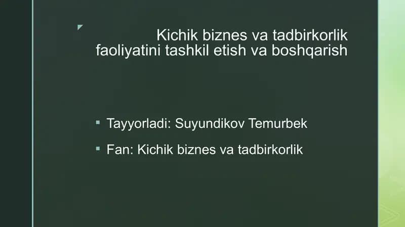 Kichik biznes va tadbirkorlik faoliyatini tashkil etish va boshqarish