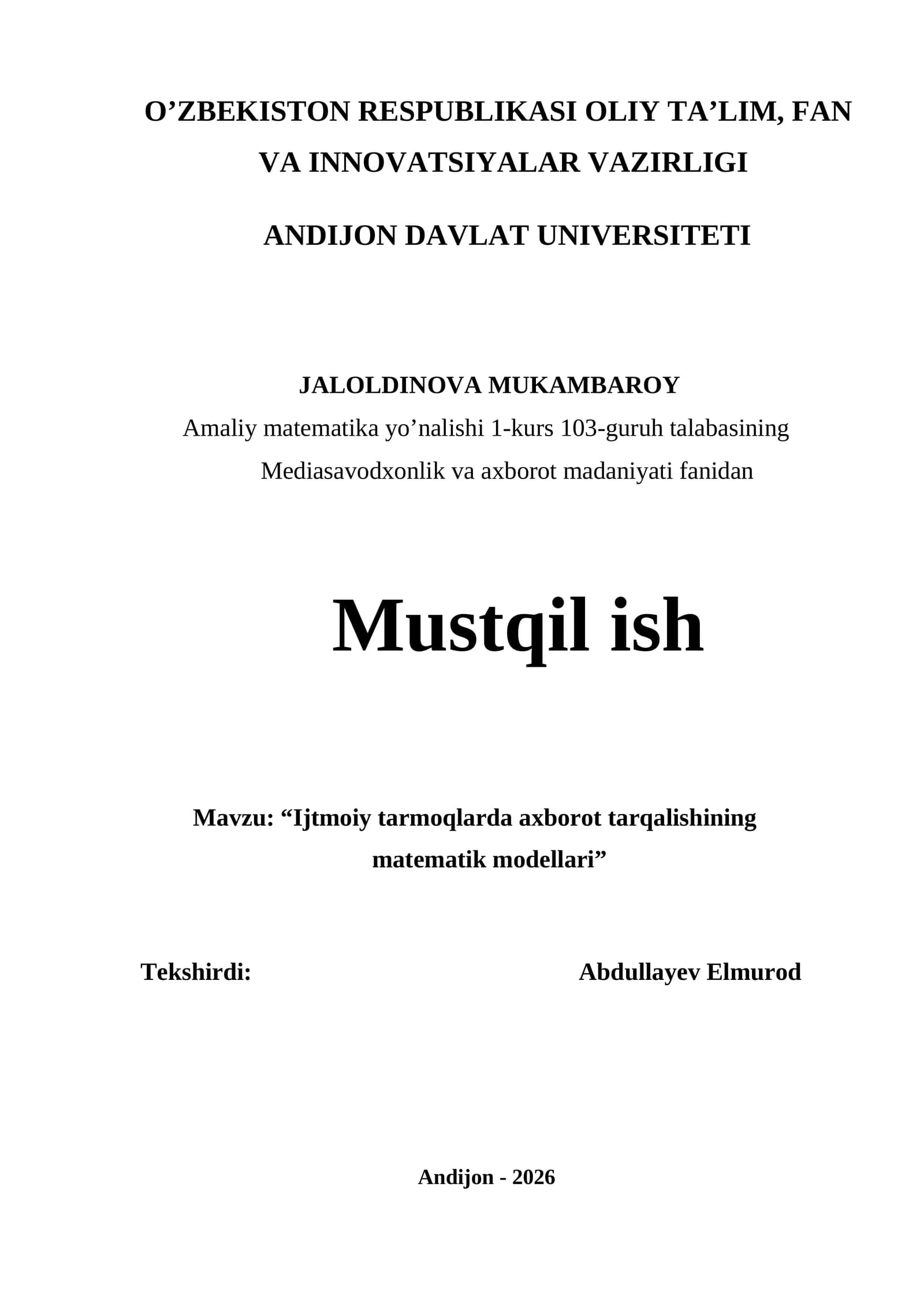Amaliy matematika yo’nalishi 1-kurs 103-guruh talabasining