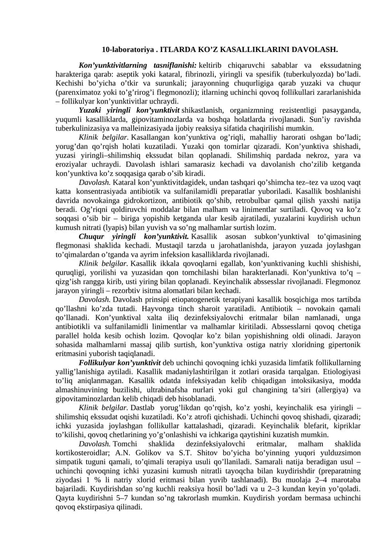 10-laboratoriya. ITLARDA KO’Z KASALLIKLARINI DAVOLASH