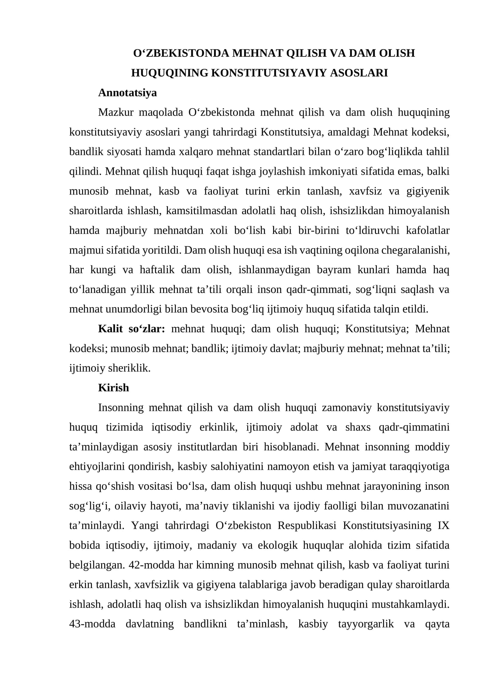 OʻZBEKISTONDA MEHNAT QILISH VA DAM OLISH HUQUQINING KONSTITUTSIYAVIY ASOSLARI