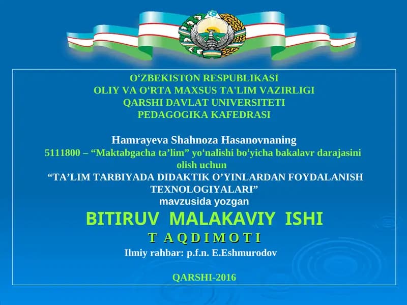 TA’LIM TARBIYADA DIDAKTIK O’YINLARDAN FOYDALANISH TEXNOLOGIYALARI