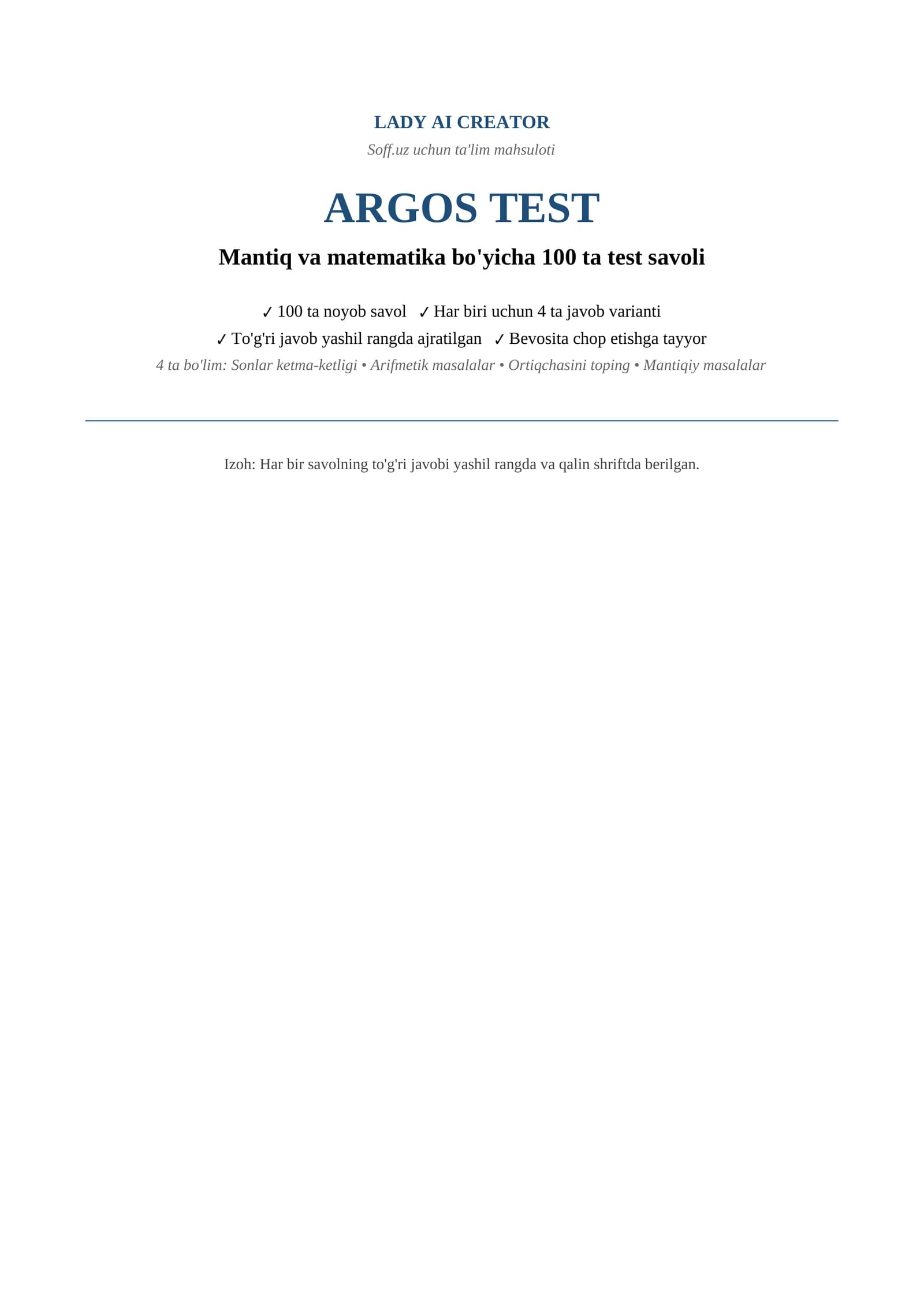 ARGOS Test — Mantiq va Matematika: 100 ta Savol va Javoblar To'plami (2026)