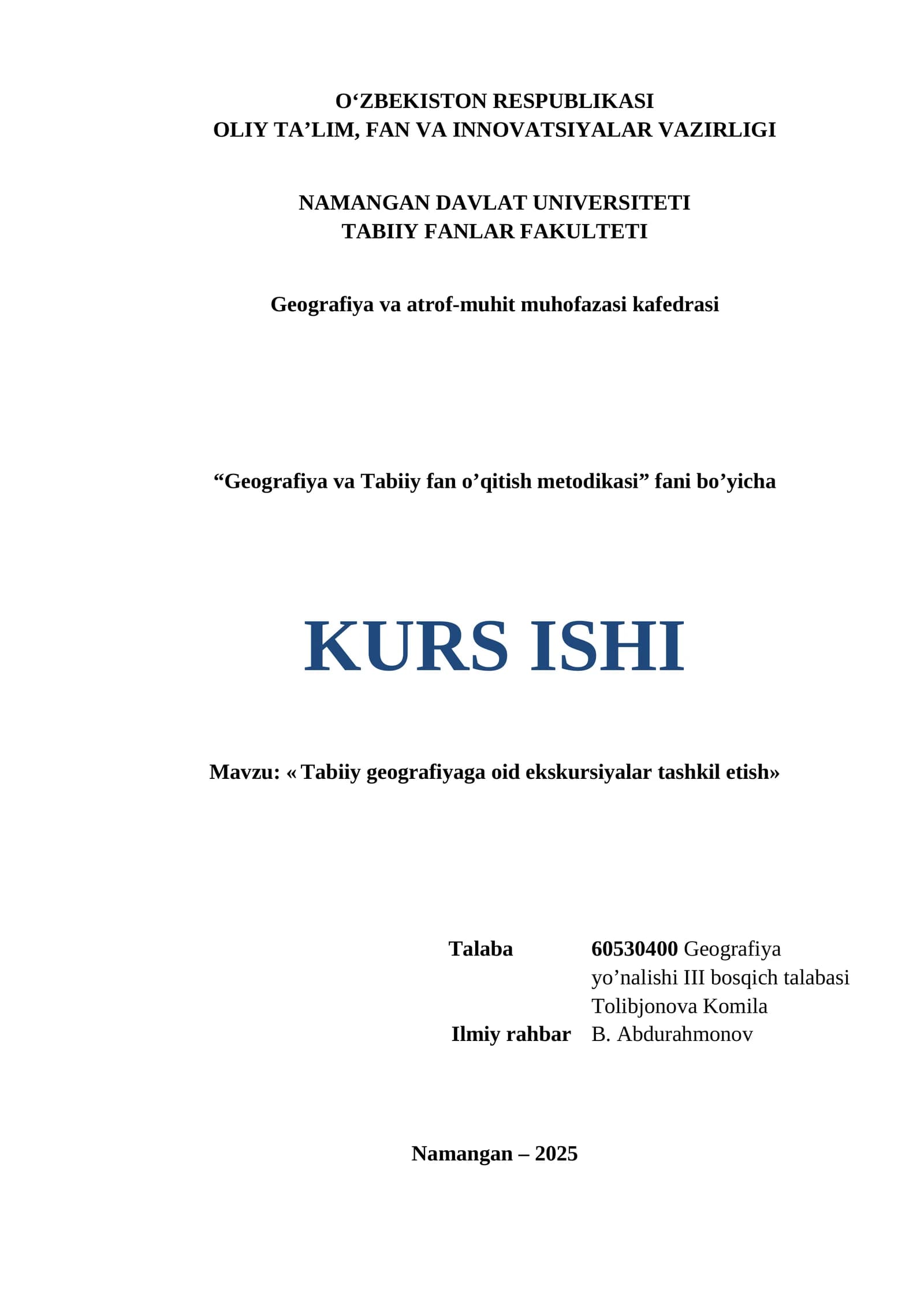 Geografiya va Tabiiy fan o’qitish metodikasi KURS ISHI