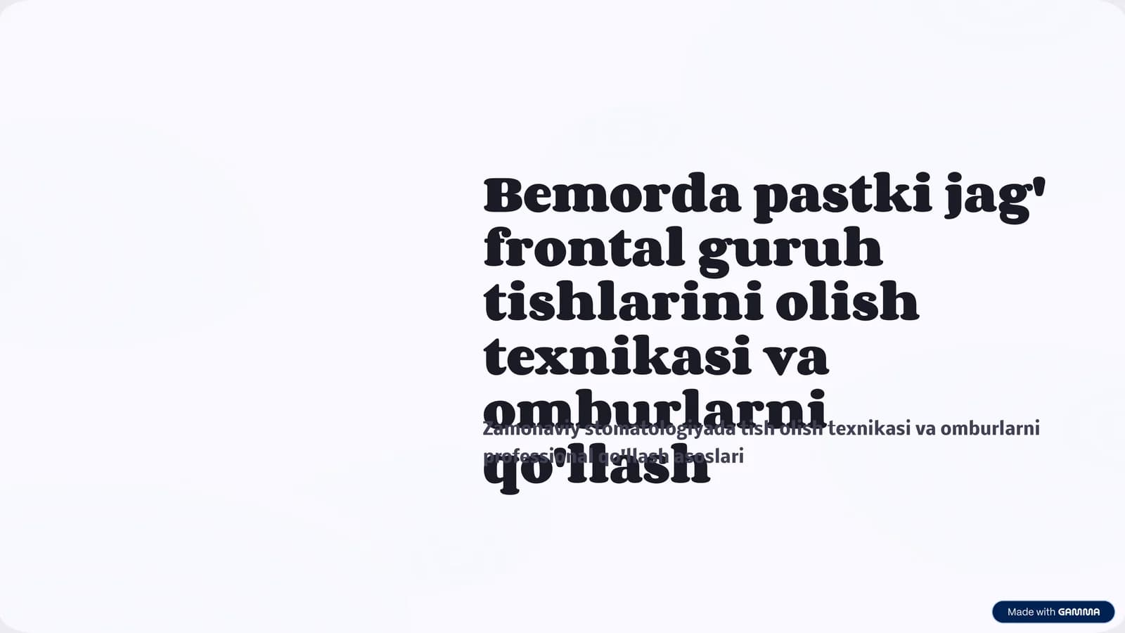Bemоrdа pаstki jаg’ frоntаl guruh tishlаrini оlish texnikаsi. Omburlarni qo’llashno o’rganish Bemоrdа pаstki jаg’ kichik оziq tishlаrini оlish texnikаsi. Omburlarni qo’llashno o’rganish Bemоrdа pаstki jаg’ kаttа оziq tishlаrini оlish texnikаsi. Omburlarni qo’llashno o’rganish..
