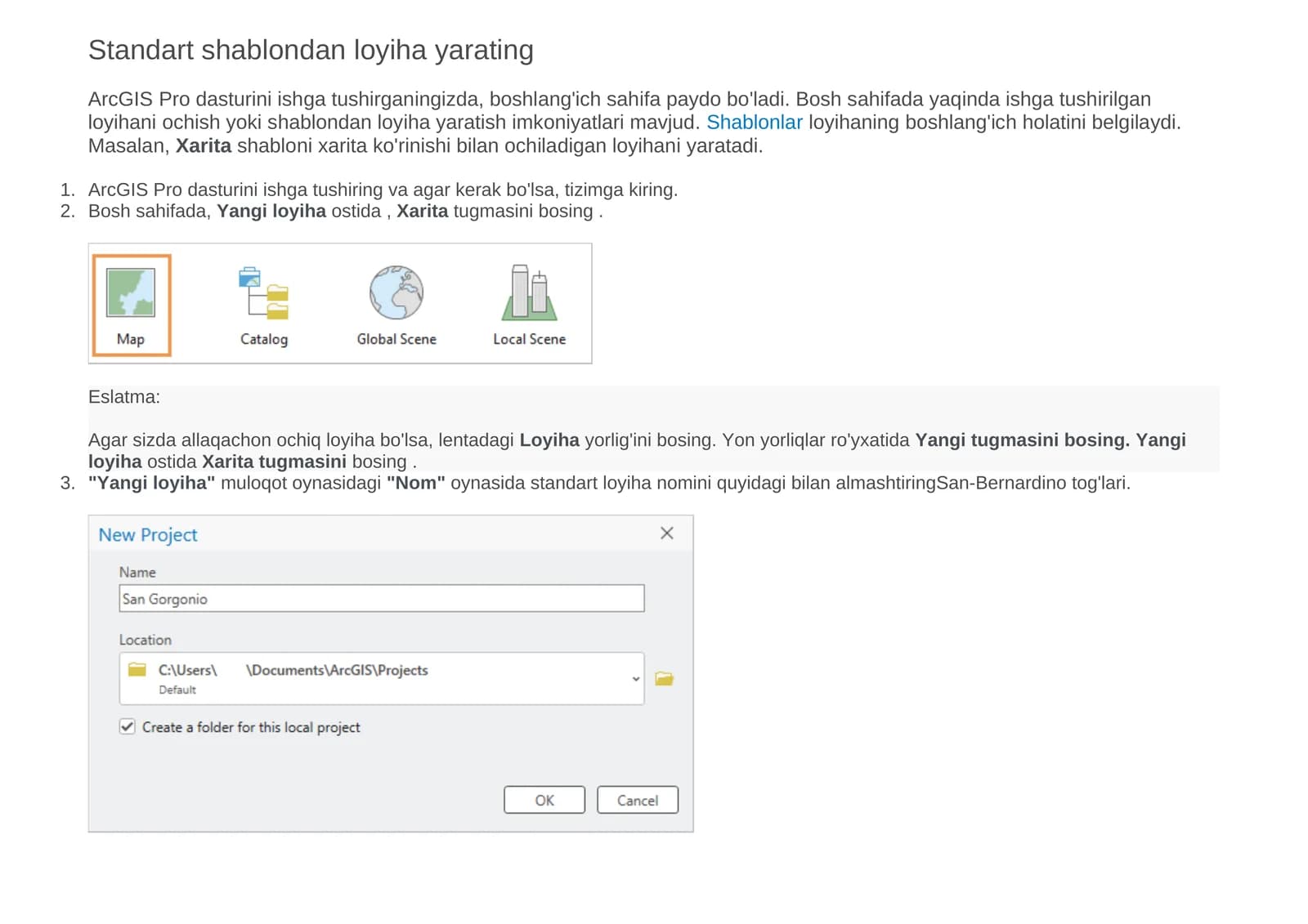 Standart ArcGIS Pro loyiha shablonlari