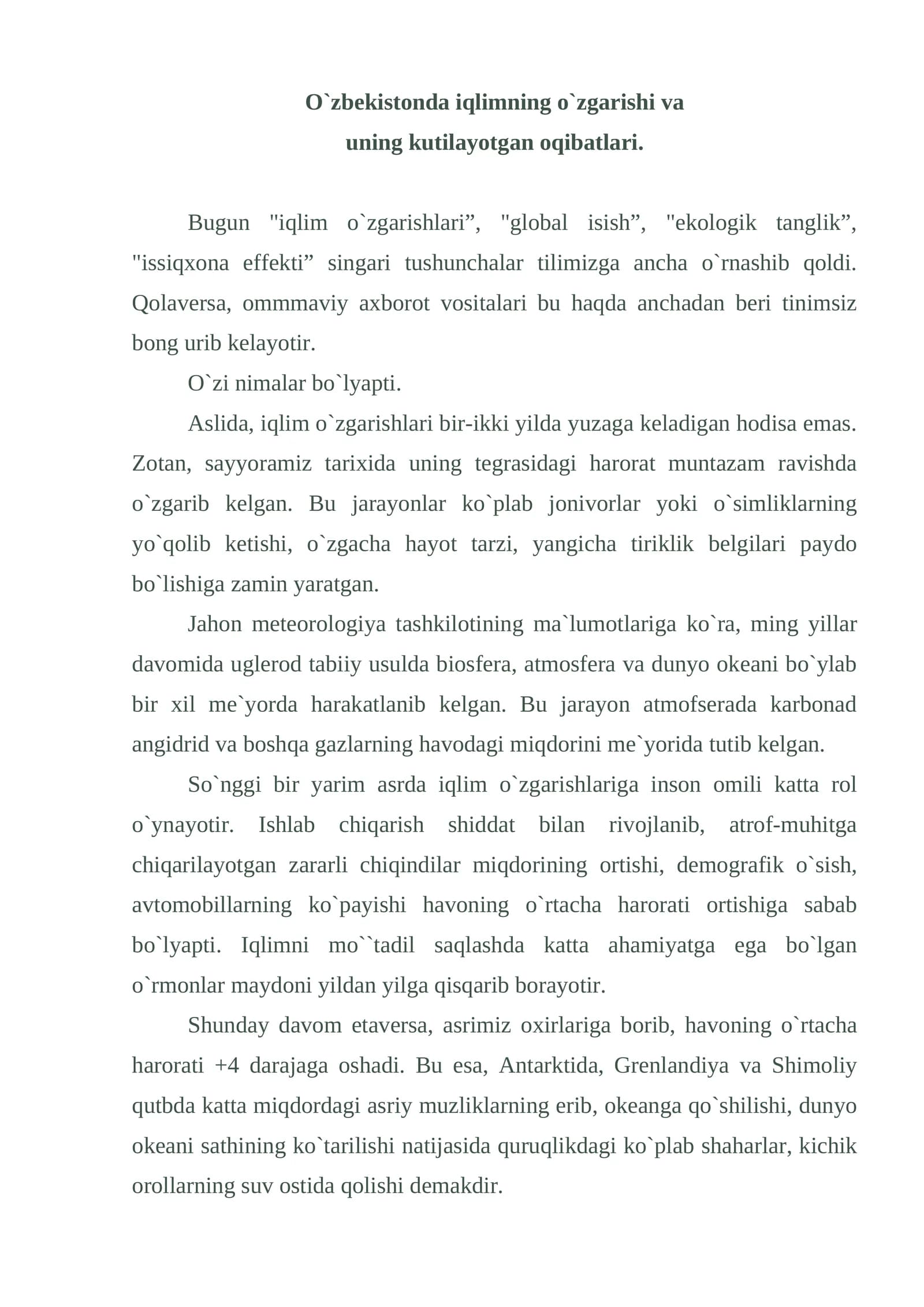 Iqlimning o`zgarishi va uning oqibatlari