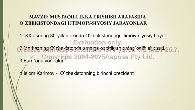 MUSTAQILLIKKA ERISHISH ARAFASIDA O`ZBEKISTONDAGI IJTIMOIY-SIYOSIY JARAYONLAR