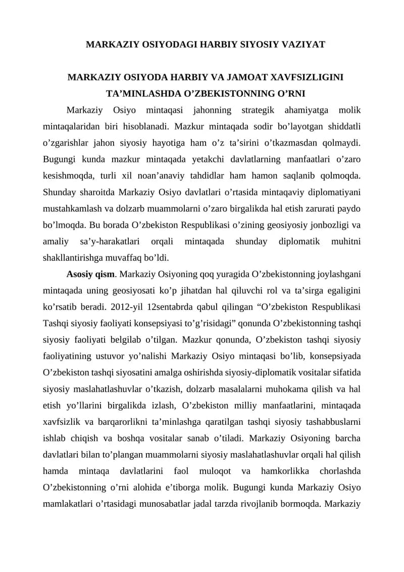 MARKAZIY OSIYODAGI HARBIY SIYOSIY VAZIYAT