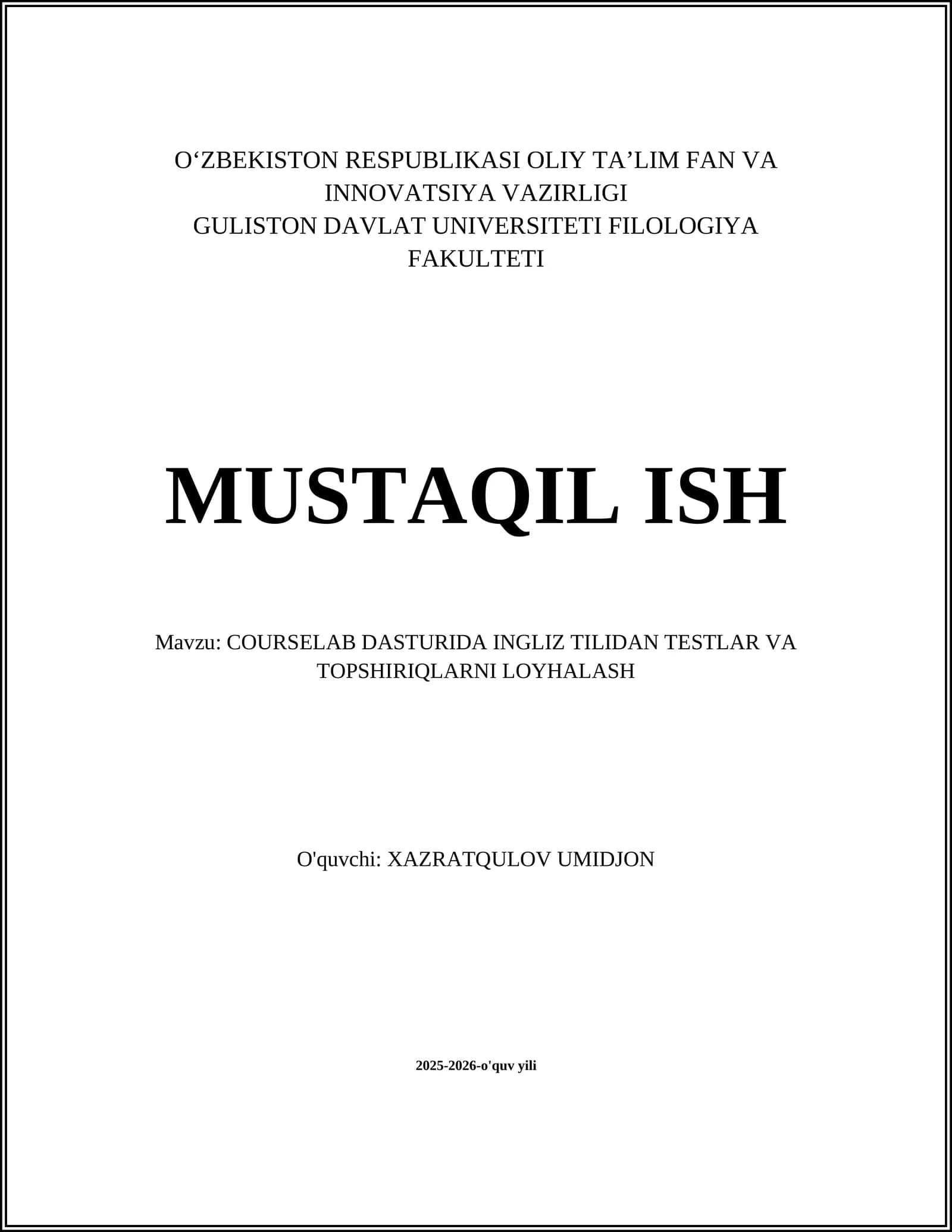 CourseLab dasturida Ingliz tilidan testlar va topshiriqalarni loyhalash
