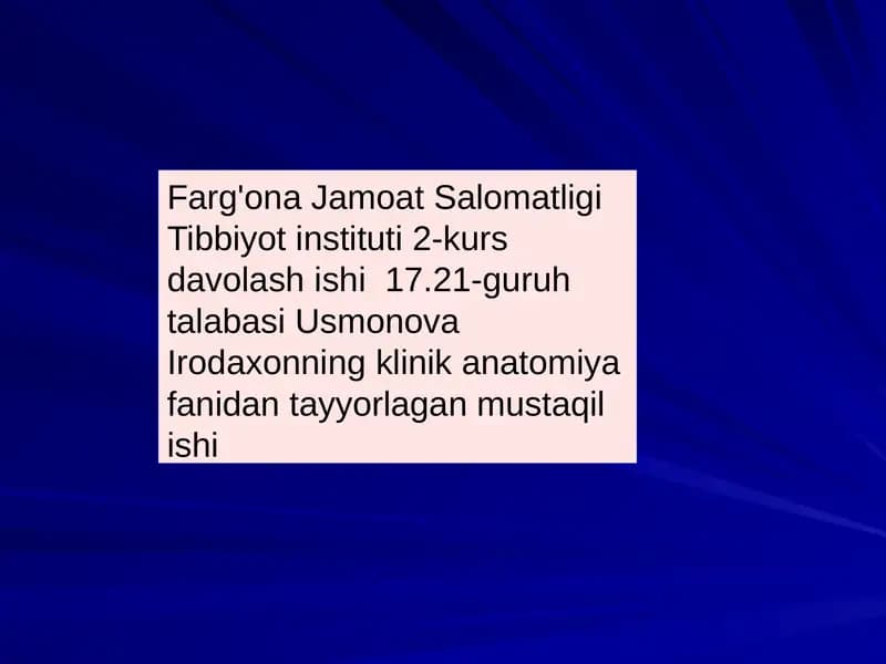 Farg'ona Jamoat Salomatligi Tibbiyotinstituti 2-kurs darsligi - Ko`krakning Klinika anatomiya fanidan tayyorlagan mustaqilishi